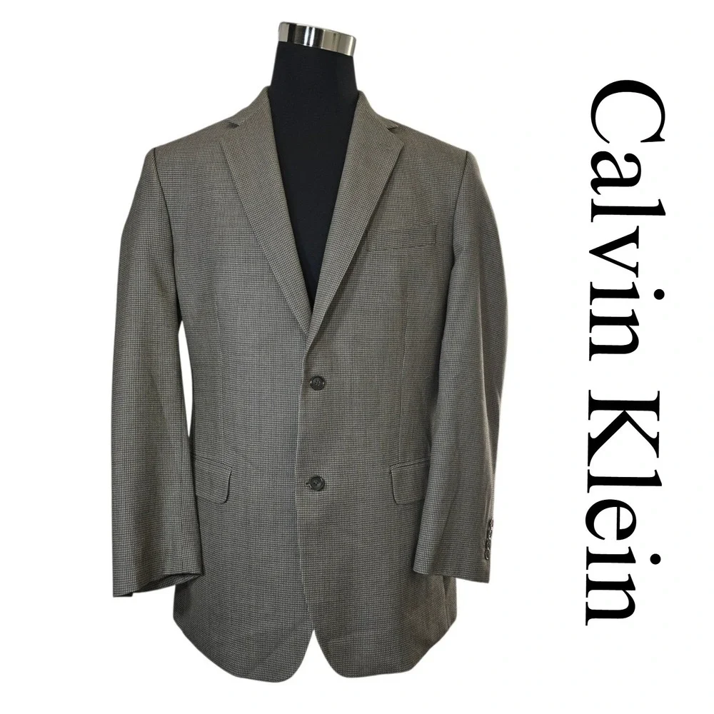 Calvin Klein 41L Blazer Jacket Silk Wool Gray Houndstooth Two Button‎